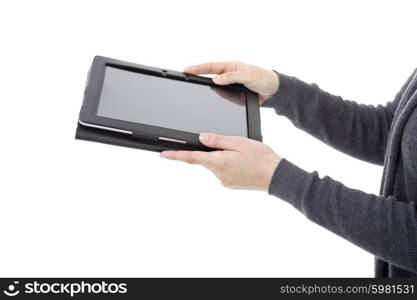 Woman holding a digital tablet, isolated, detail