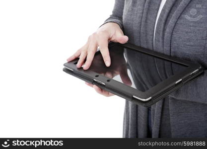 Woman holding a digital tablet, isolated, detail