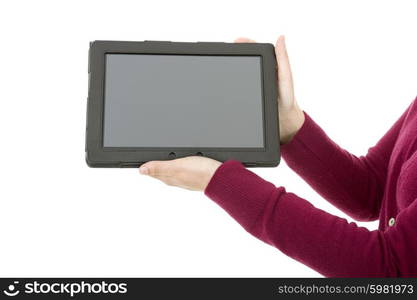 Woman holding a digital tablet, isolated, detail