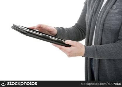 Woman holding a digital tablet, isolated, detail