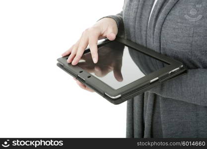 Woman holding a digital tablet, isolated, detail