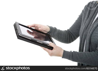 Woman holding a digital tablet, isolated, detail