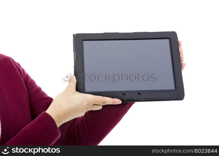 Woman holding a digital tablet, isolated, detail