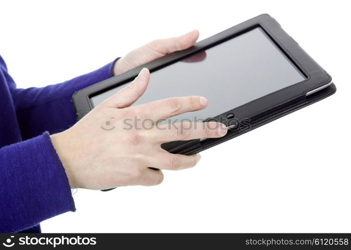 Woman holding a digital tablet, isolated, detail