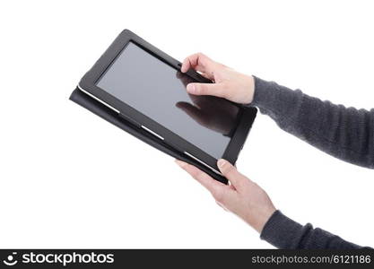 Woman holding a digital tablet, isolated, detail