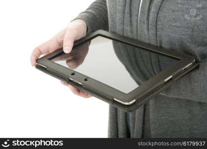 Woman holding a digital tablet, isolated, detail