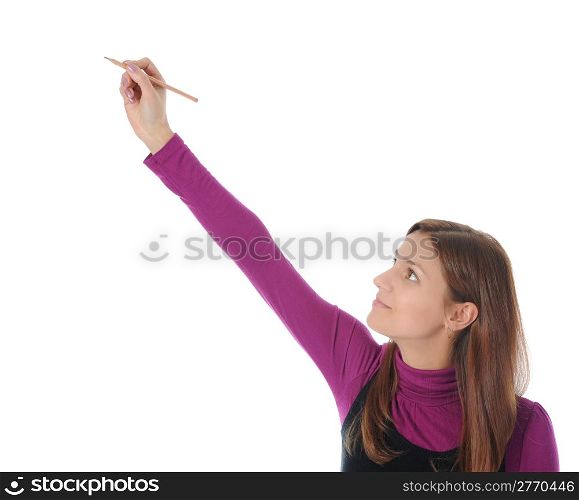 woman holding a pen. Isolated on white background