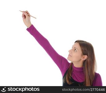 woman holding a pen. Isolated on white background