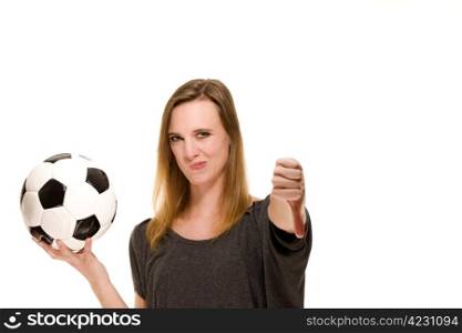 woman holding a soccer ball showing thumbs down. woman holding a soccer ball showing thumbs down on white background