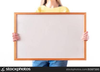Woman holding a white sign, ideal template for mockups, written phrases or drawings