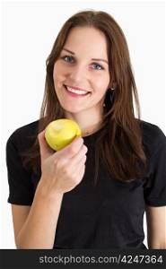 Woman Holding A Yellow Apple And Smiling