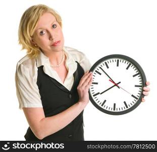 Woman holding and showing a clock, white isolated background.
