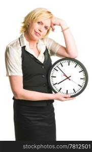 Woman holding and showing a clock, white isolated background.