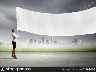 Woman holding blank board. Image of attractive woman holding blank board. Place for text