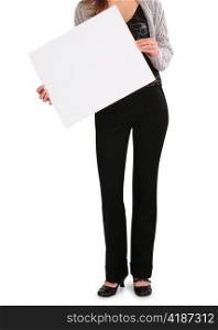 Woman holding blank board isolated