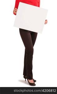 Woman holding blank board isolated
