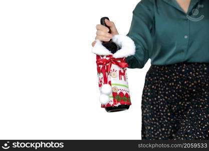 Woman holding bottle wine isolated on white background with Christmas theme decoration, Merry Christmas, Alcohol drinking concept copy space. Woman holding bottle wine isolated on white background with Christmas theme decoration, Merry Christmas, Alcohol drinking concept