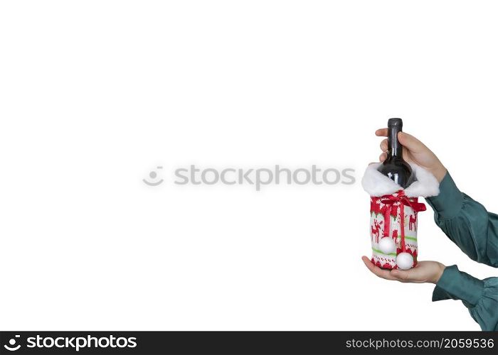 Woman holding bottle wine isolated on white background with Christmas theme decoration, Merry Christmas, Alcohol drinking concept copy space. Woman holding bottle wine isolated on white background with Christmas theme decoration, Merry Christmas, Alcohol drinking concept