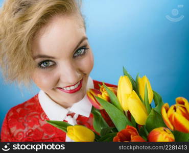 Woman holding bouquet of tulips flowers gift. Womans day, 8 march present.. Woman holding bouquet of tulips flowers