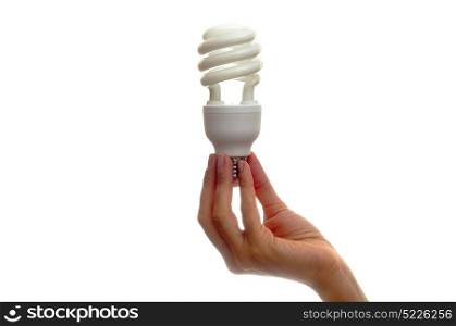 Woman holding bulb over white background