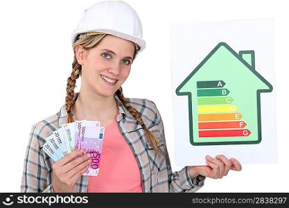 Woman holding cash and energy rating card