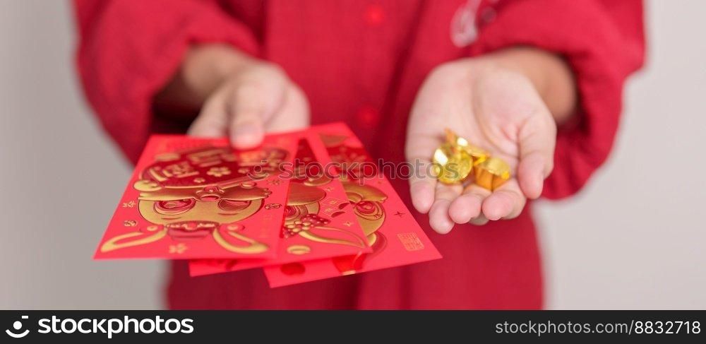 Woman holding Chinese red envelope with gold bullion, money gift for happy Lunar New Year holiday. Chinese sentence means happiness, healthy, Lucky and Wealthy
