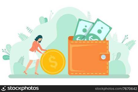 Woman holding coin, cash with dollars, landscape view. Worker earning money, currency in purse, investment and profit, finance element of decoration vector. Female with Coin and Dollar, Money in Cash Vector