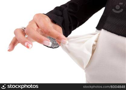 Woman holding empty pocket, isolated over white background