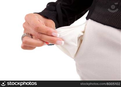 Woman holding empty pocket, isolated over white background