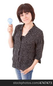 woman holding energy bulb, isolated on white