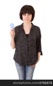 woman holding energy bulb, isolated on white