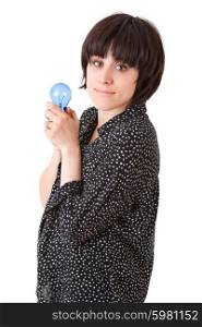 woman holding energy bulb, isolated on white