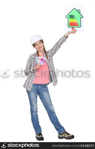 Woman holding energy rating sign