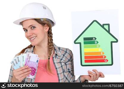 Woman holding energy score card and cash