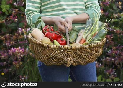 Woman holding fruit and vegetable basket, mid section, close-up