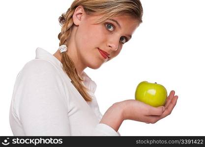 Woman holding green apple on white background