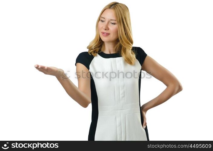 Woman holding hand isolated on white