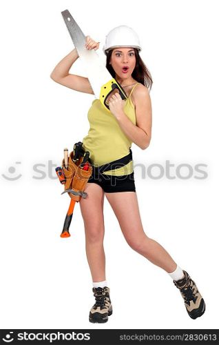 Woman holding handsaw