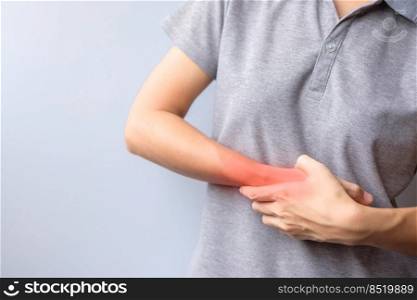 woman holding her wrist pain because using smartphone or computer long time. De Quervain s tenosynovitis, Intersection Symptom, Carpal Tunnel Syndrome or Office syndrome concept