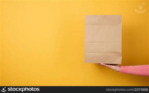 woman holding in hand brown blank craft paper bag for takeaway on yellow background. Packaging template mock up. Delivery service concept, banner