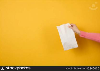 woman holding in hand white blank craft paper bag for takeaway on yellow background. Packaging template mock up. Delivery service concept, banner
