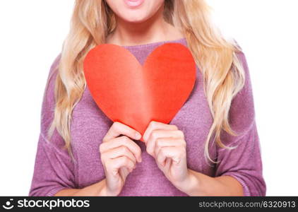 Woman holding in hands red paper heart isolated on white background, healthy lifestyle, Valentine day greeting card, love concept