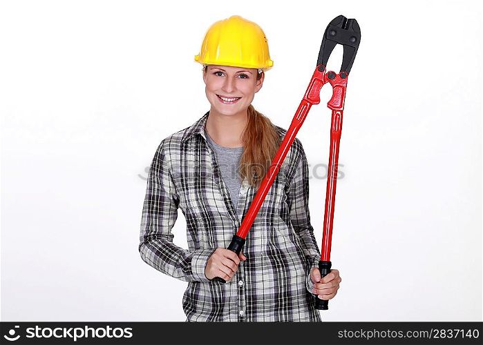Woman holding large bolt-cutters