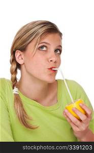 Woman holding lemon with straw on white background