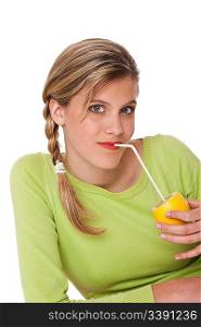 Woman holding lemon with straw on white background