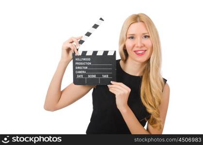Woman holding movie clapboard isolated on white
