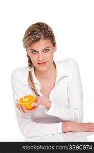 Woman holding orange on white background
