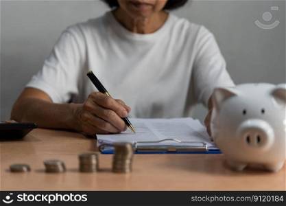Woman holding pen document piggy bank saving money and coin stack, Business finance concept for investment.