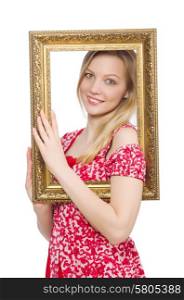 Woman holding picture frame isolated on white
