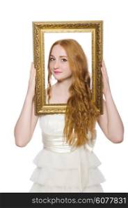 Woman holding picture frame isolated on white